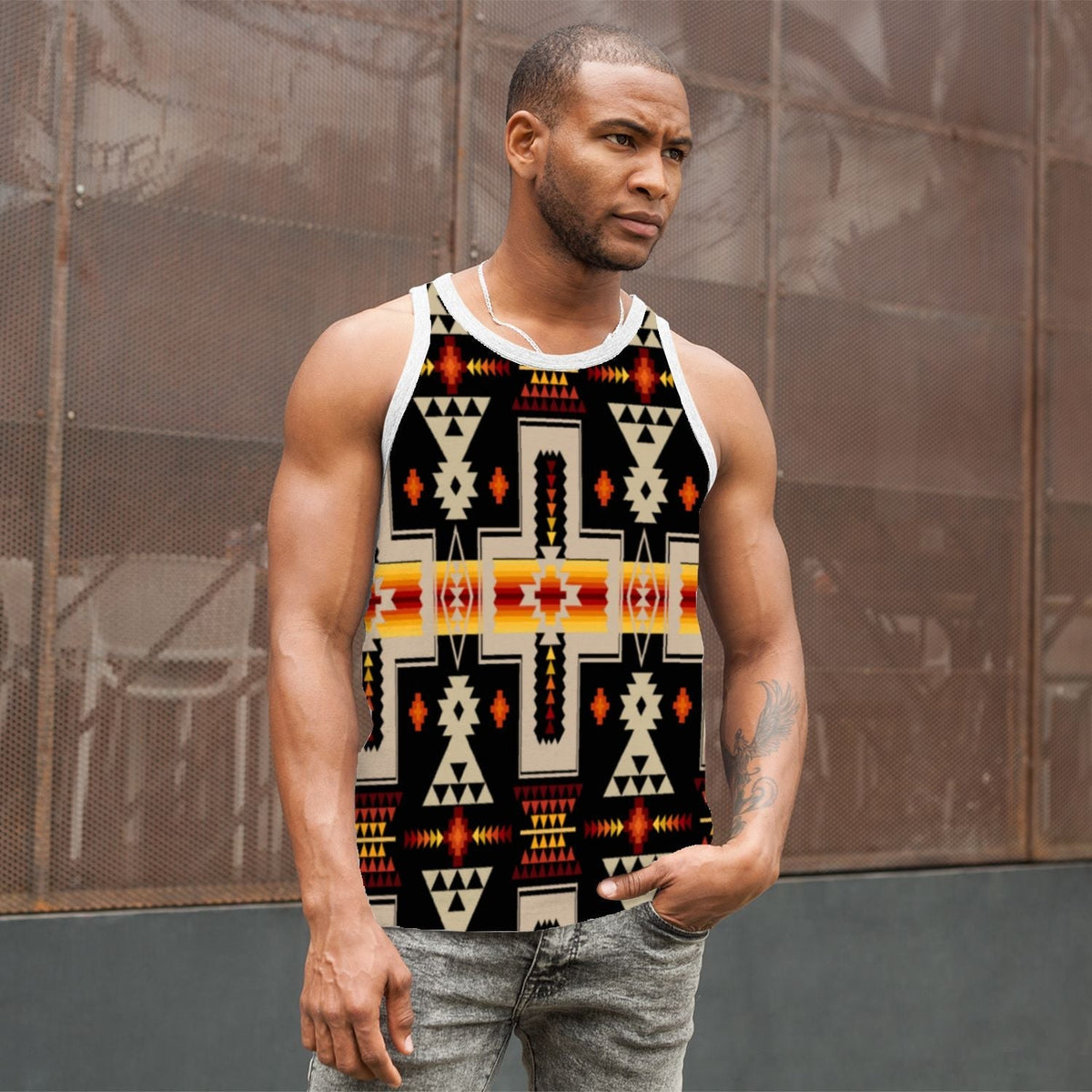 Multicolor tribal all-over print men’s tank top, black base, wide crew neckline