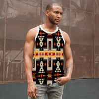 Multicolor tribal all-over print men’s tank top, black base, wide crew neckline