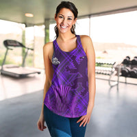 Purple women’s racerback tank front with lion/thistle artwork and purple plaid design