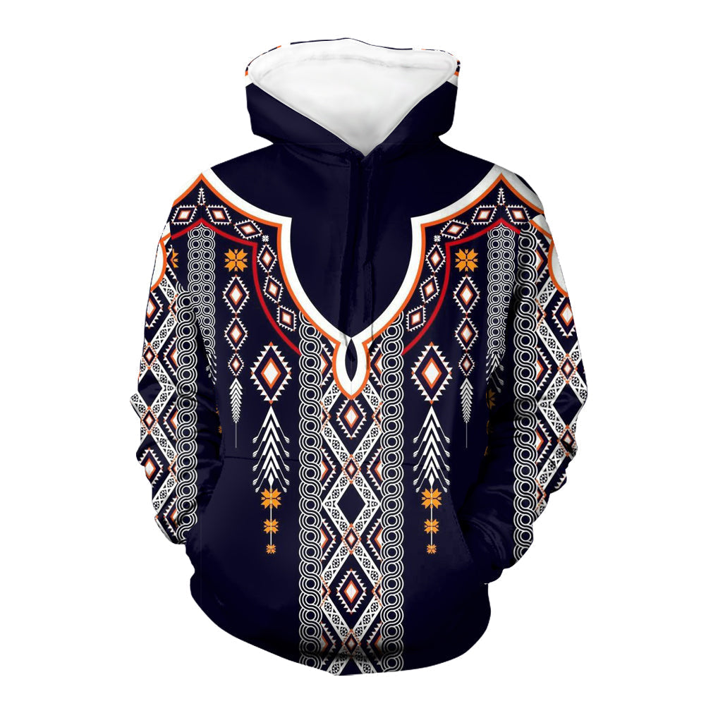 Dark navy pullover hoodie with multicolor Native geometric front print and hood