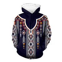Dark navy pullover hoodie with multicolor Native geometric front print and hood