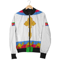 White bomber jacket on hanger with Eritrean cross and camel stripe, black ribbed cuffs