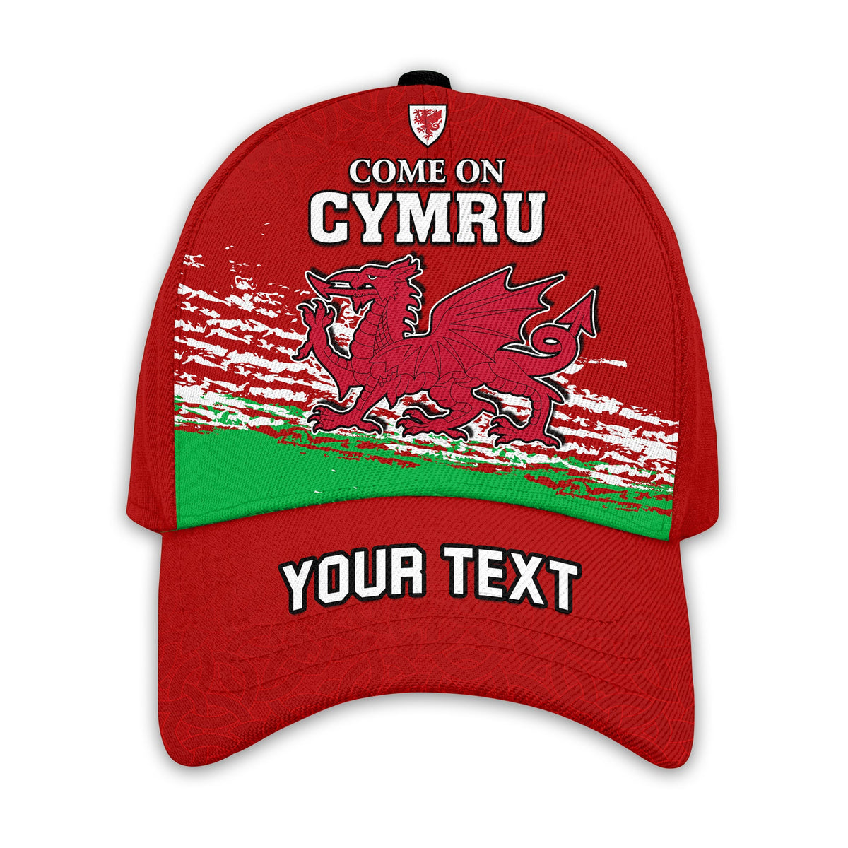 Red baseball cap with Wales-themed graphic and bold “YOUR TEXT” front