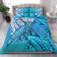 Blue Hawaiian bedding set with turquoise turtle and floral tribal pattern on quilt and pillow