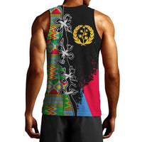 Men’s black tank top back view with Eritrea emblem and multicolor patterned panel