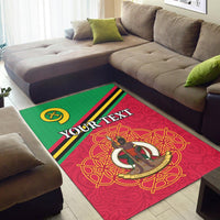 Vanuatu area rug with red field, green top band, and 'YOUR TEXT' emblem