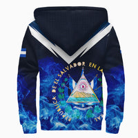 Sherpa hoodie back view with white-lined hood, triangle graphic, striped cuffs and V panel