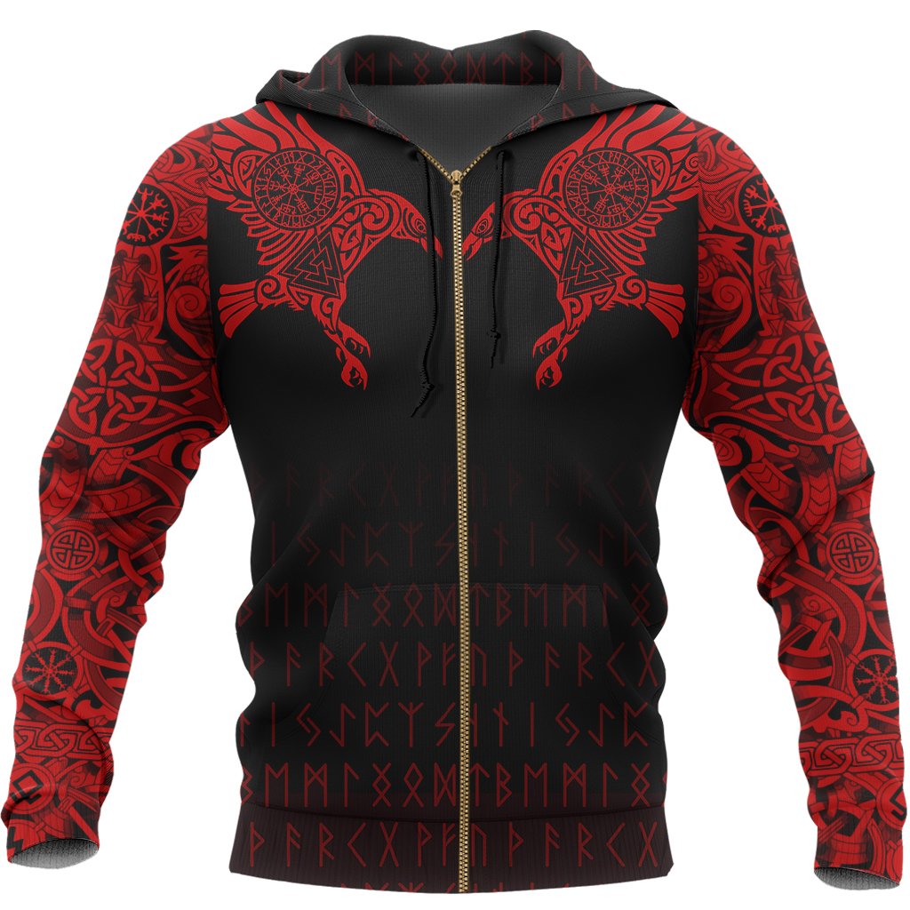 Viking Hoodie The Raven Of Odin Tattoo Special Red (Zip) RLT12 - Wonder Print Shop