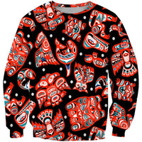 Unisex totem 3D sweatshirt, crewneck, multicolor icons on dark background