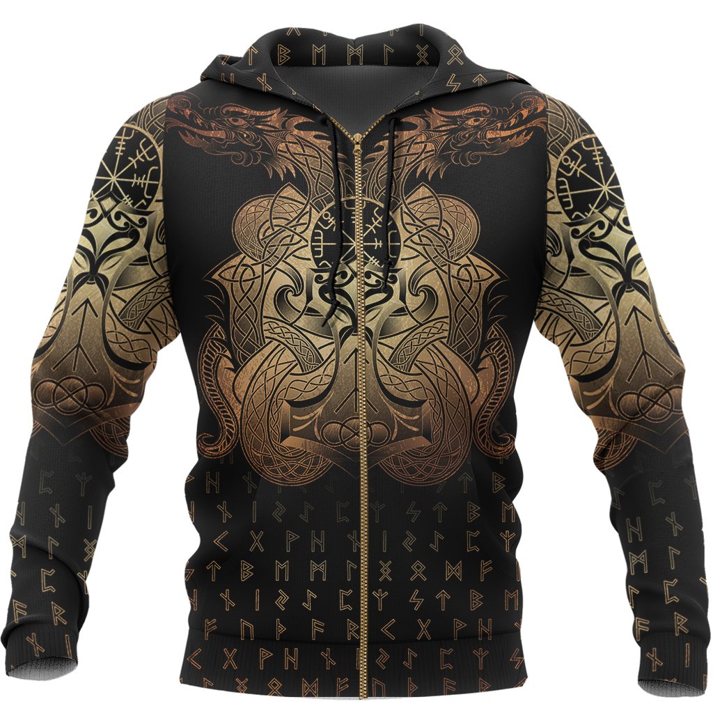 Viking Hoodie Vegvisir Mjolnir and Dragon Norse Tattoo (Zip) RLT12 - Wonder Print Shop