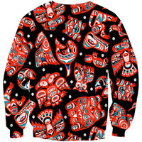 Long-sleeve totem graphic sweatshirt, crewneck, red blue white motifs on dark