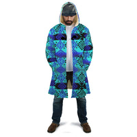 Wonder Print Shop unisex hooded cloak, multicolor geometric Native pattern, open front.