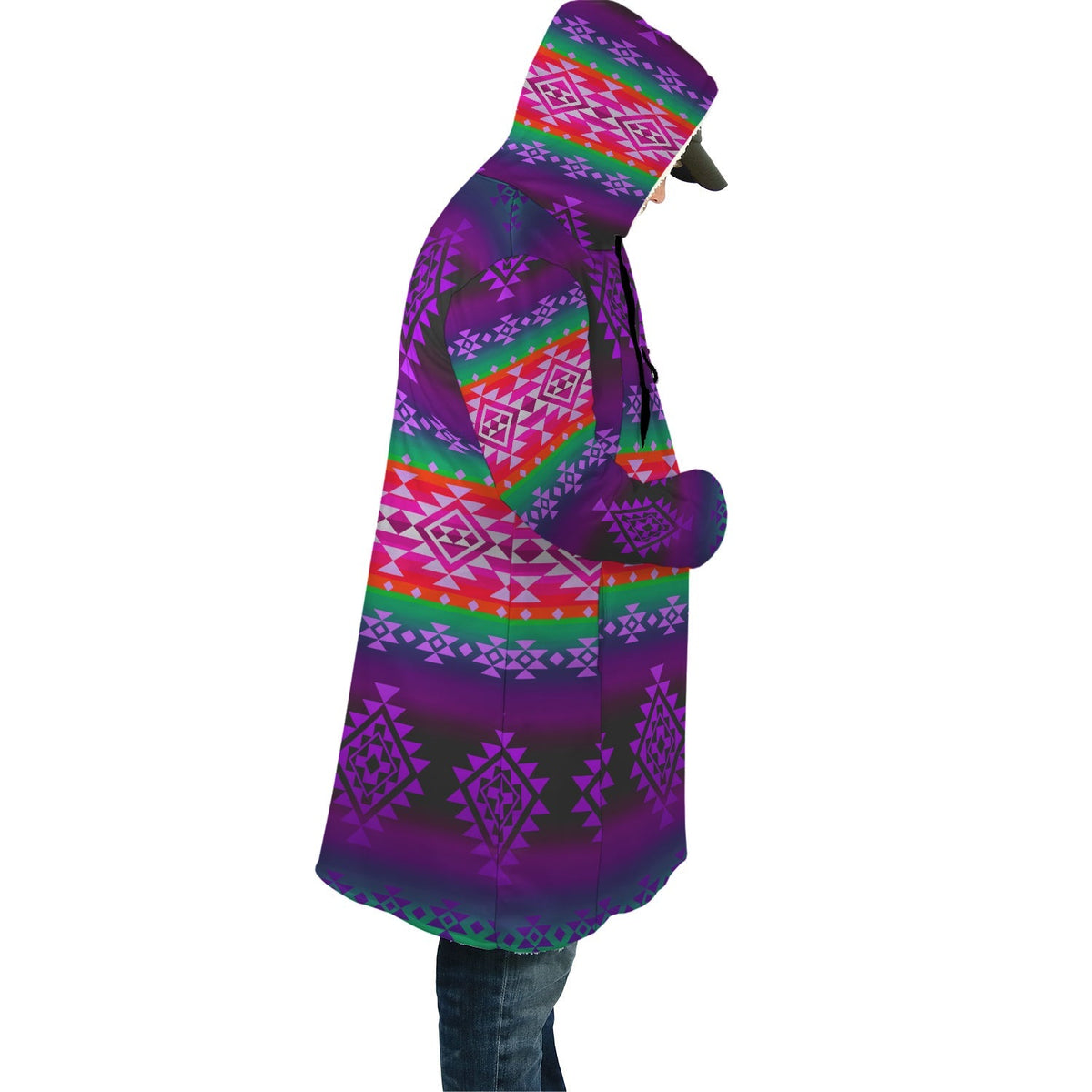 Hooded purple cloak with multicolor geometric print, side view