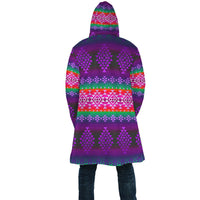 Back view of purple geometric patterned hooded cloak with vivid multicolor bands