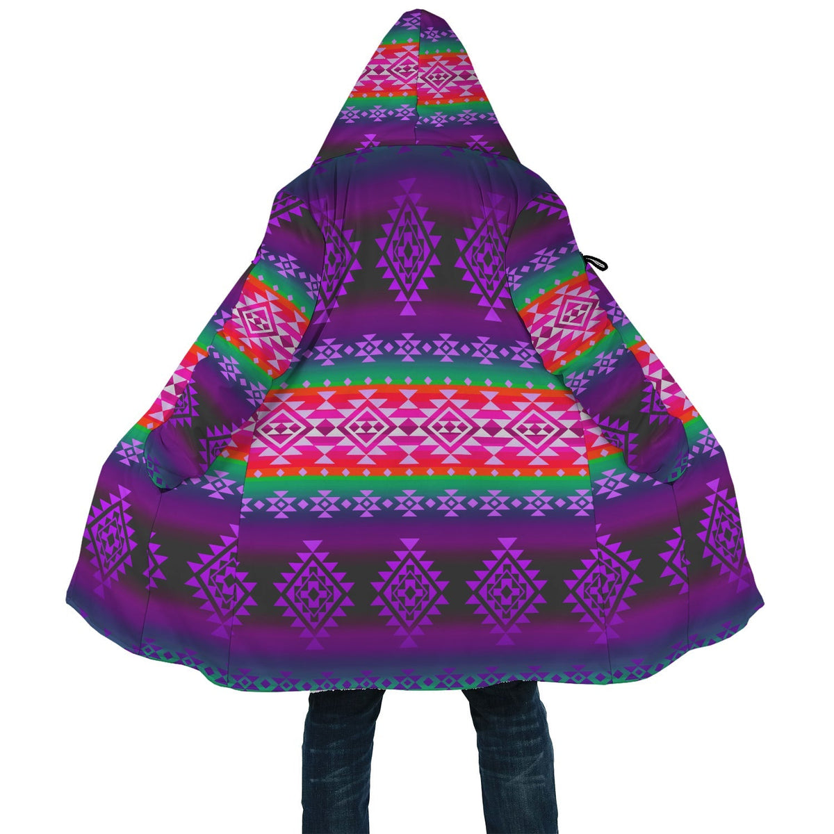 Close-up of hooded purple geometric cloak panel with multicolor stripe patterns