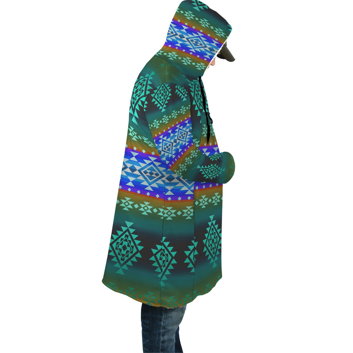 Unisex hooded cloak with flowing side drape, teal-blue-green geometric print