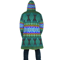 Back view hooded cloak with geometric bands in blue and teal, multicolor