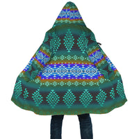 Front open hooded cloak with geometric pattern and drawstring hem, multicolor