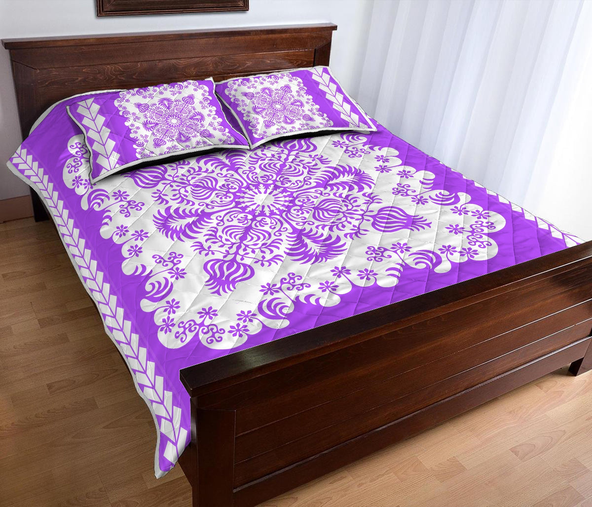 Purple quilt coverlet and matching shams, white floral swirls with diamond trim