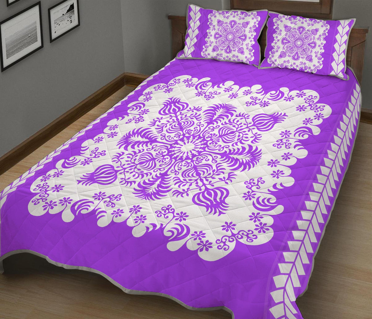 Purple quilt bed set with white floral damask medallion and geometric border