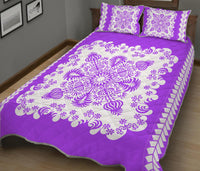 Purple quilt bed set with white floral damask medallion and geometric border