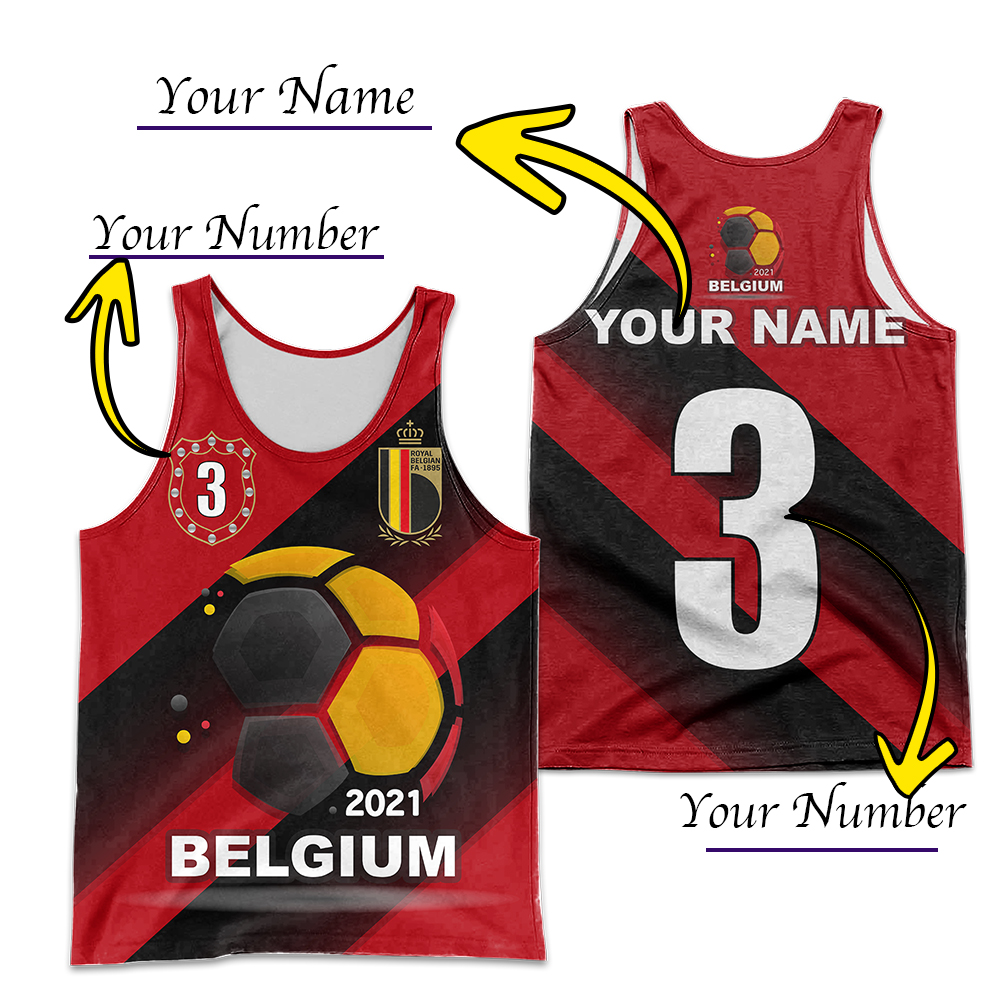 Rotes Herren-Tanktop Belgien 2021, Custom Name & Nummer, großes 3