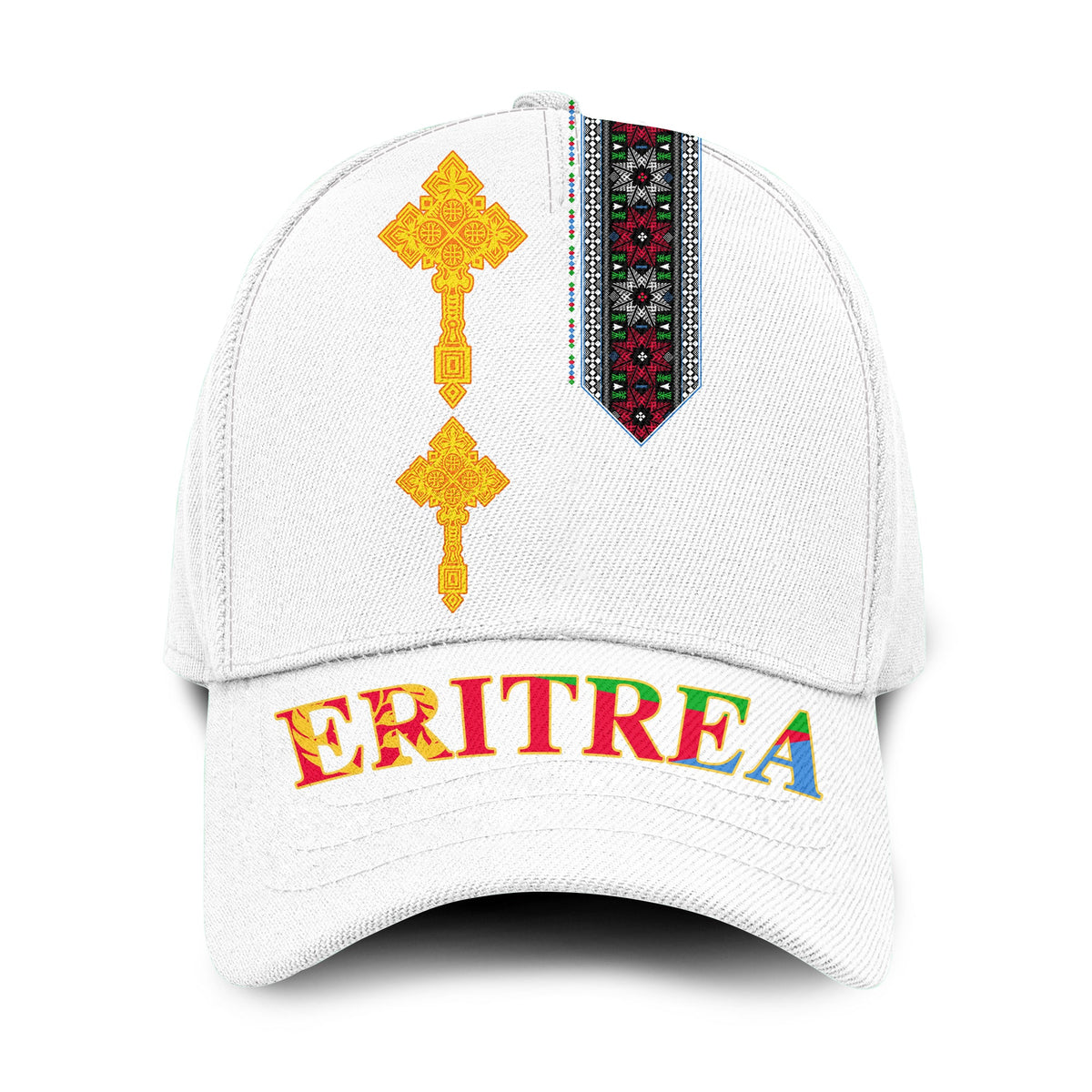 White classic cap with ERITREA text and multicolor cross emblem on front