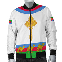White bomber jacket with Eritrean flag cross graphic, camels, black ribbed collar and cuffs