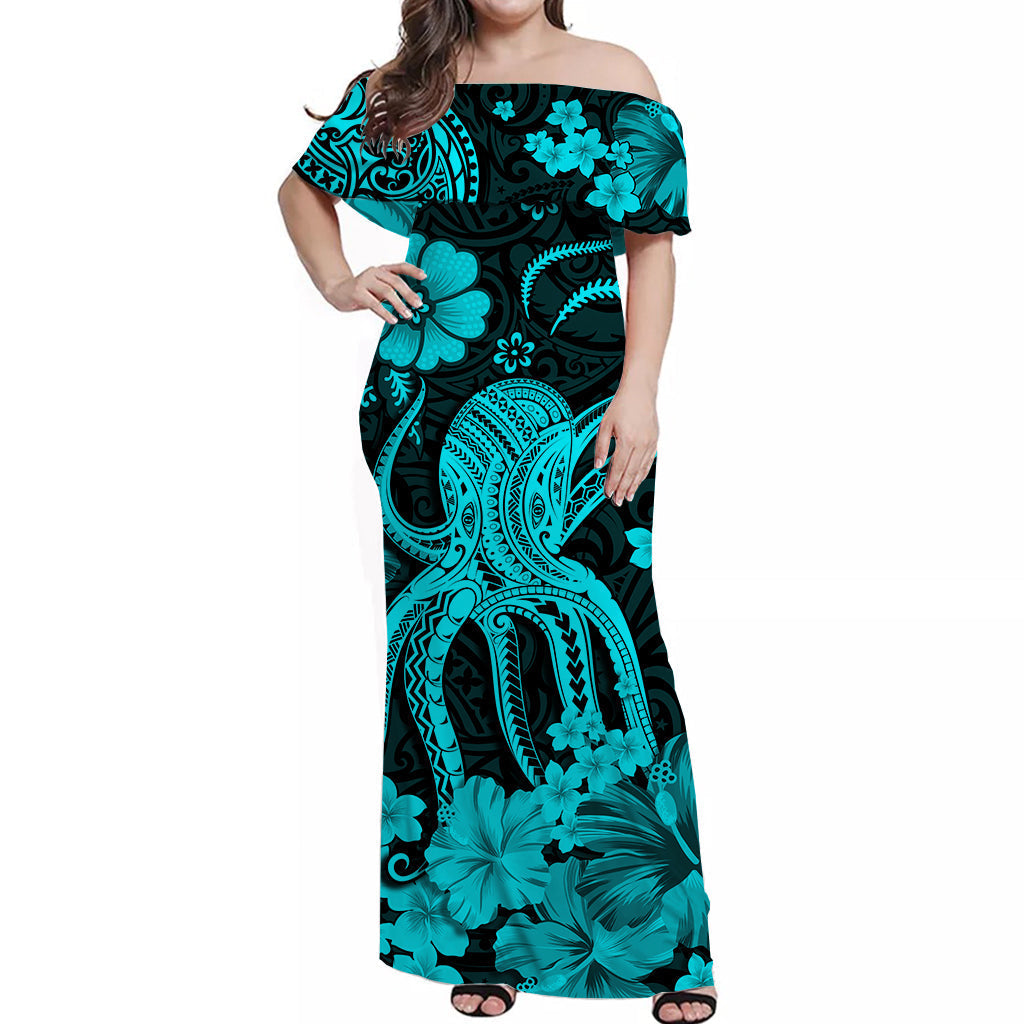 Women’s off-shoulder long dress, turquoise and black octopus floral print