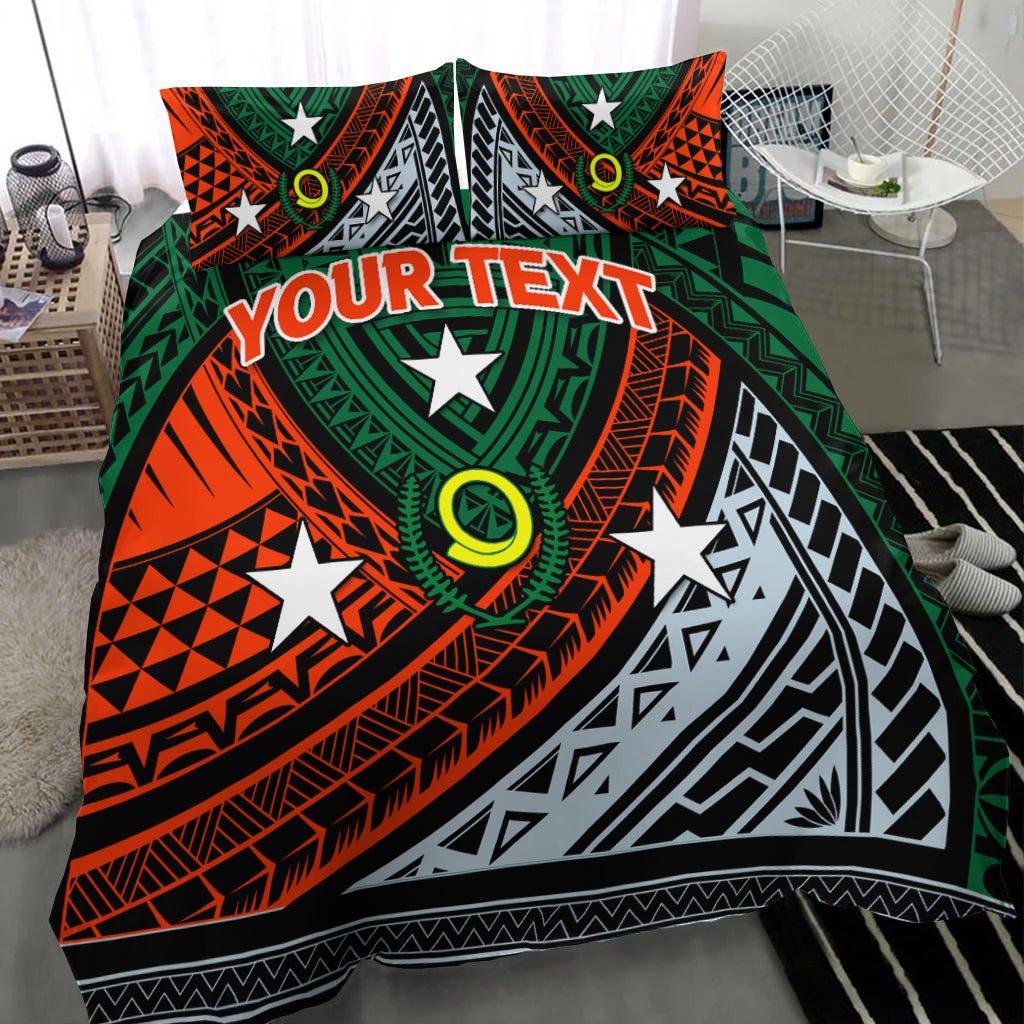 Green personalized tribal bedding set with 'YOUR TEXT', star emblems, patterned hem