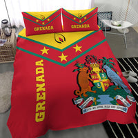 Red bedding set on bed; GRENADA side text, emblem artwork, and yellow/green V banner