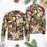 Ugly Christmas wine-themed sweater with bottles, glasses, and Santa hats, long sleeves