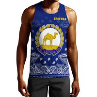 Men's blue Eritrea tank top, gold camel emblem, paisley border, multicolor print