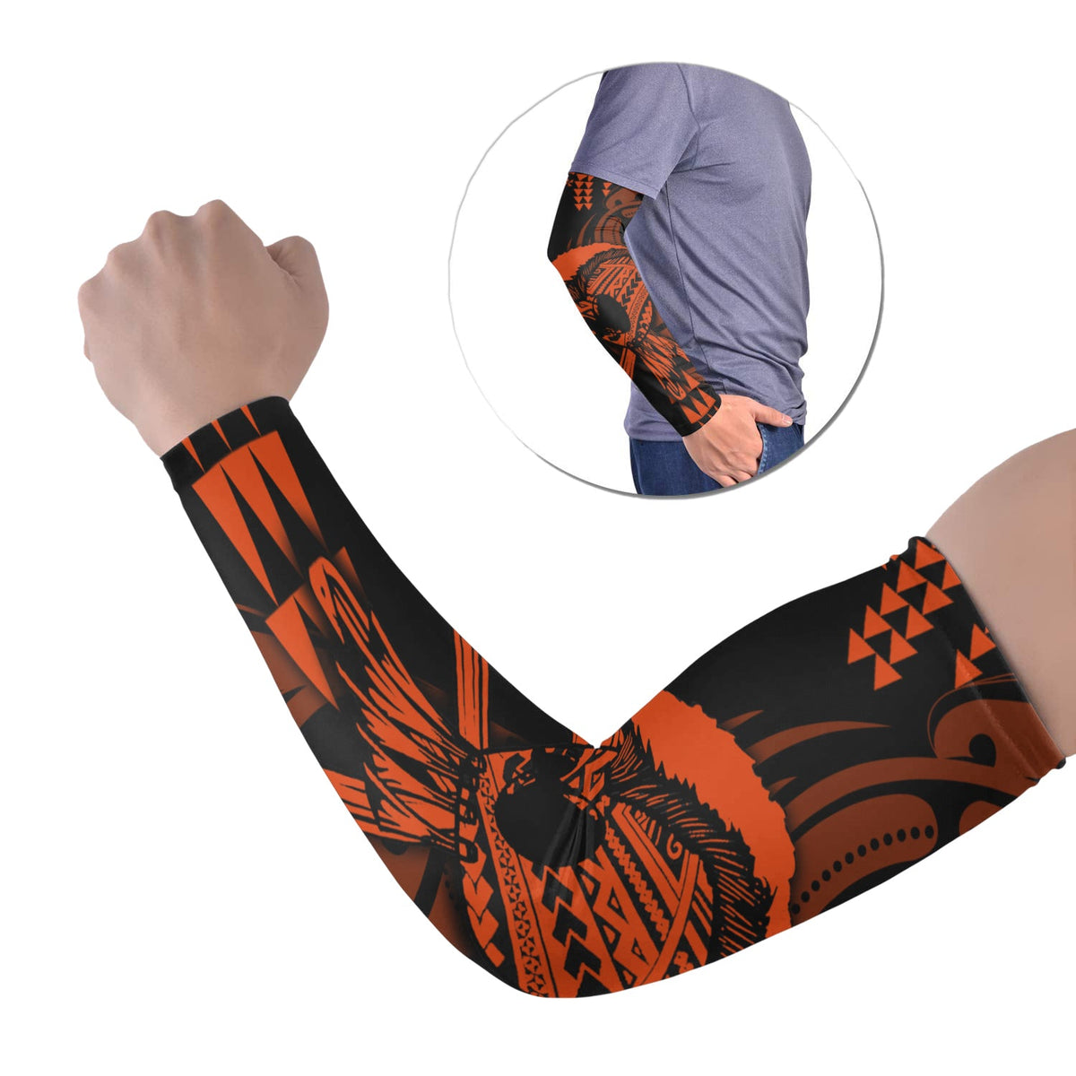 Orange and black Polynesian warrior arm sleeve, set of 2, tribal print