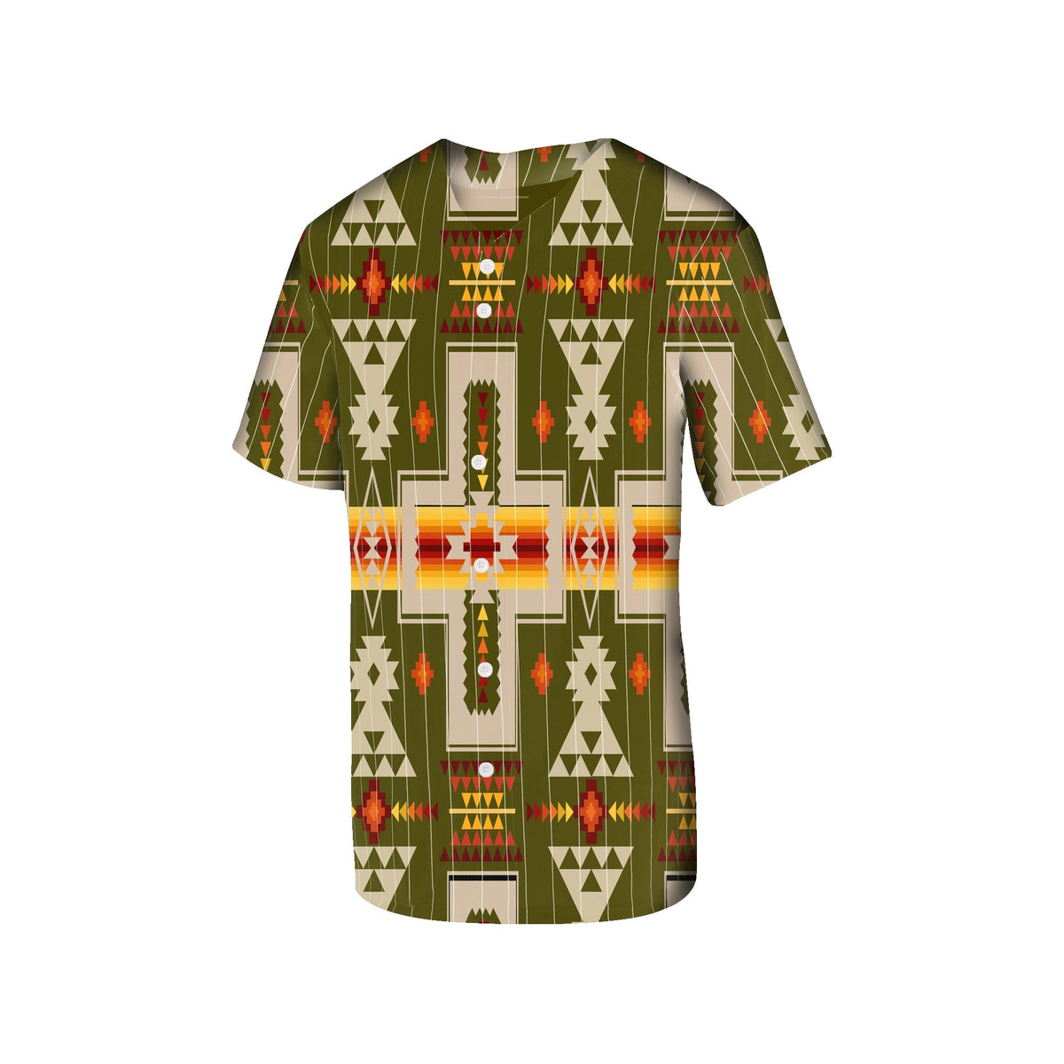 Dark green baseball jersey with multicolor Native American tribal geometric print