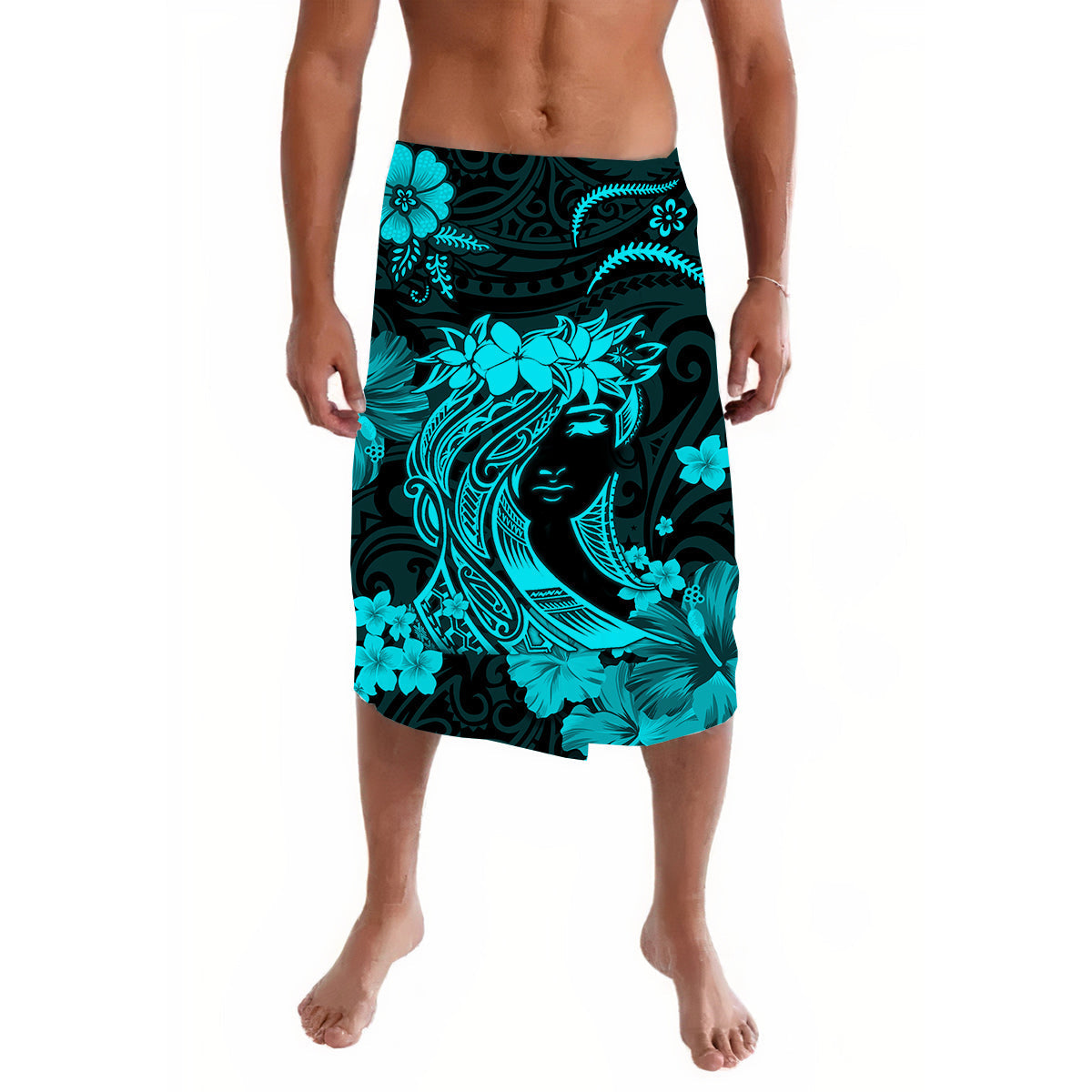 Turquoise Polynesian print lavalava sarong skirt with hula girl and floral pattern