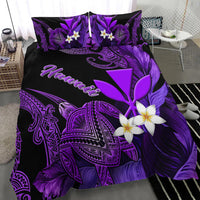 Black comforter with purple turtle and plumeria leaf artwork plus two matching pillowcases