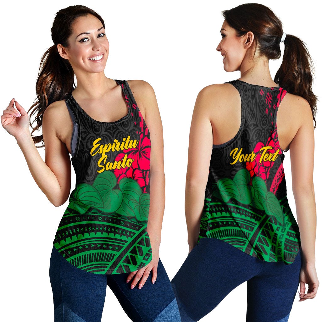Black women’s tank top with Espiritu Santo print, hibiscus and green tropical patterns