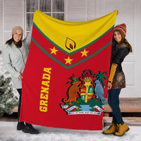 Grenada blanket displayed in red and yellow with green stripes, crest artwork, and vertical GRRENADA text