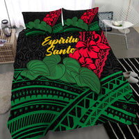 Black duvet cover with green foliage print, red hibiscus, and bold “Espiritu Santo” text