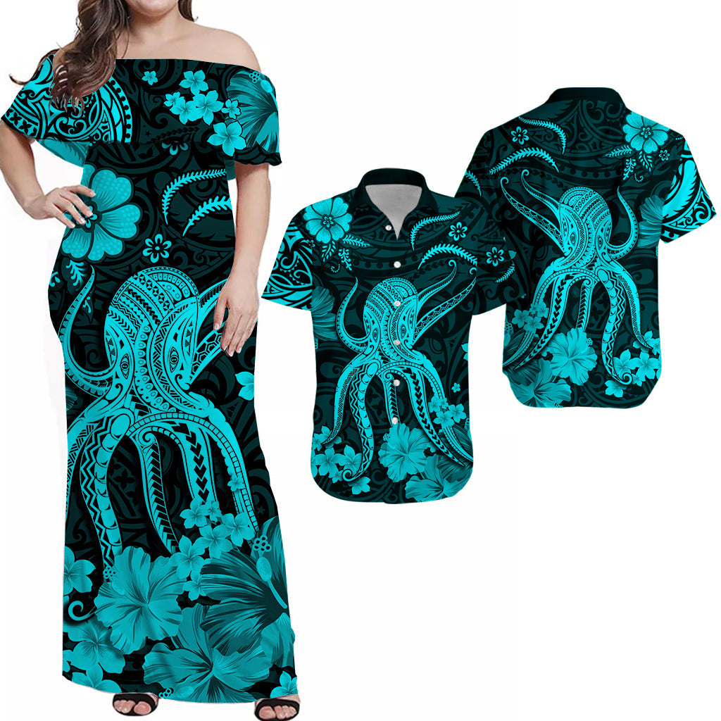 Turquoise and black off-shoulder maxi dress with octopus, hibiscus, and floral pattern