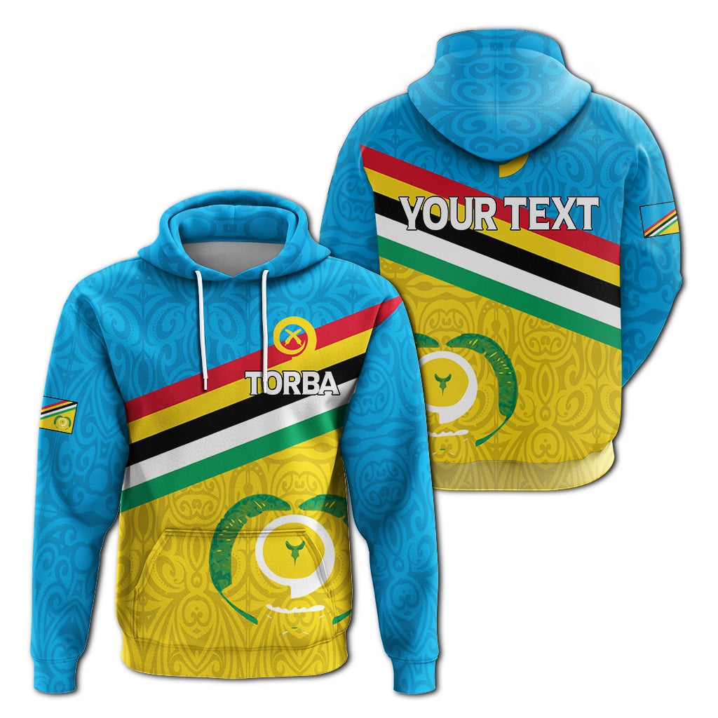 Custom Vanuatu Torba hoodie with flag stripes, hood and kangaroo pocket, yellow accents
