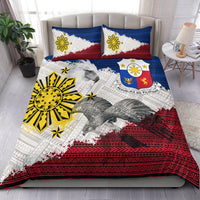 Eagle-themed duvet with white base, blue-red stripes, and two pillows showing matching sun emblem