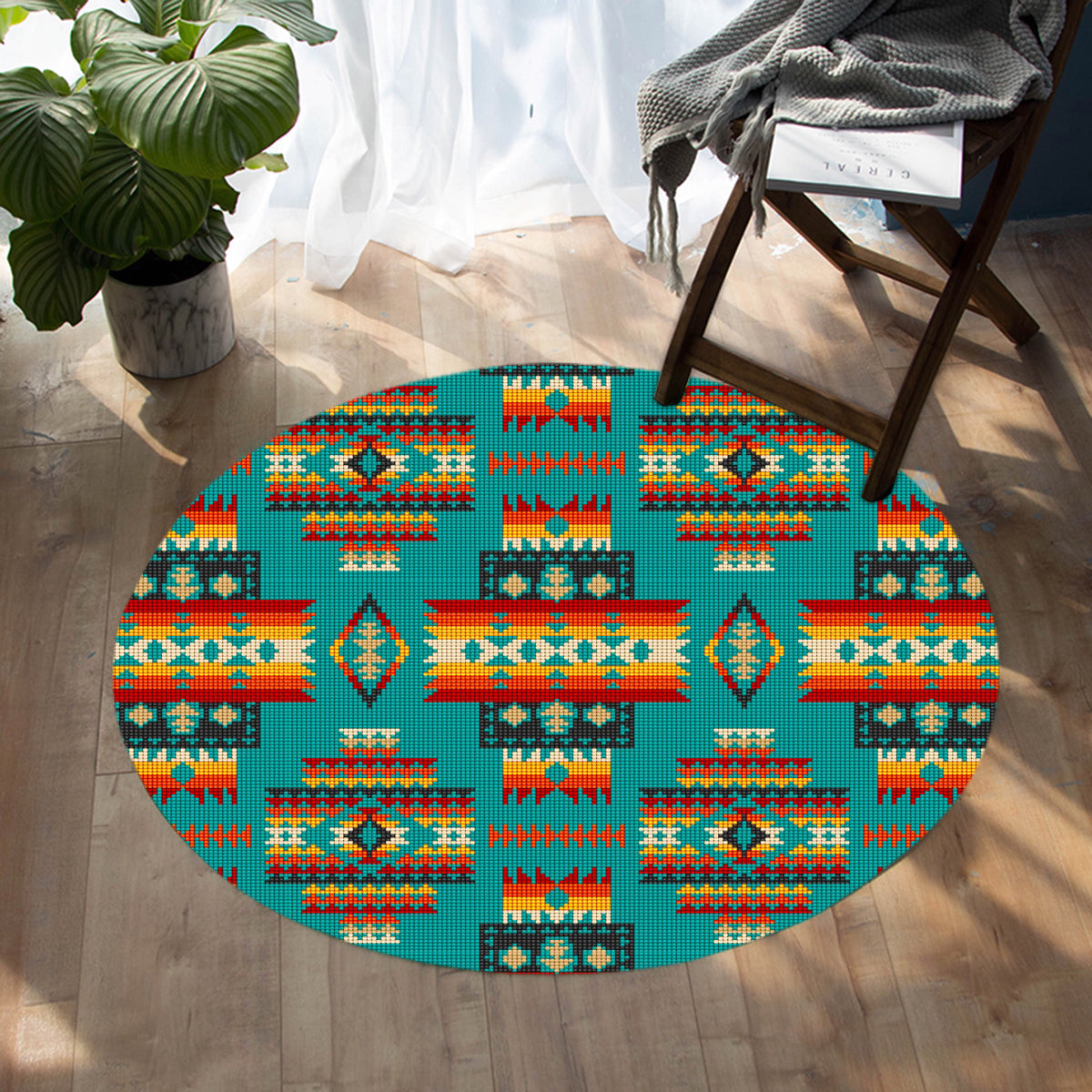 Round blue patterned Native American style carpet with multicolor geometric motifs