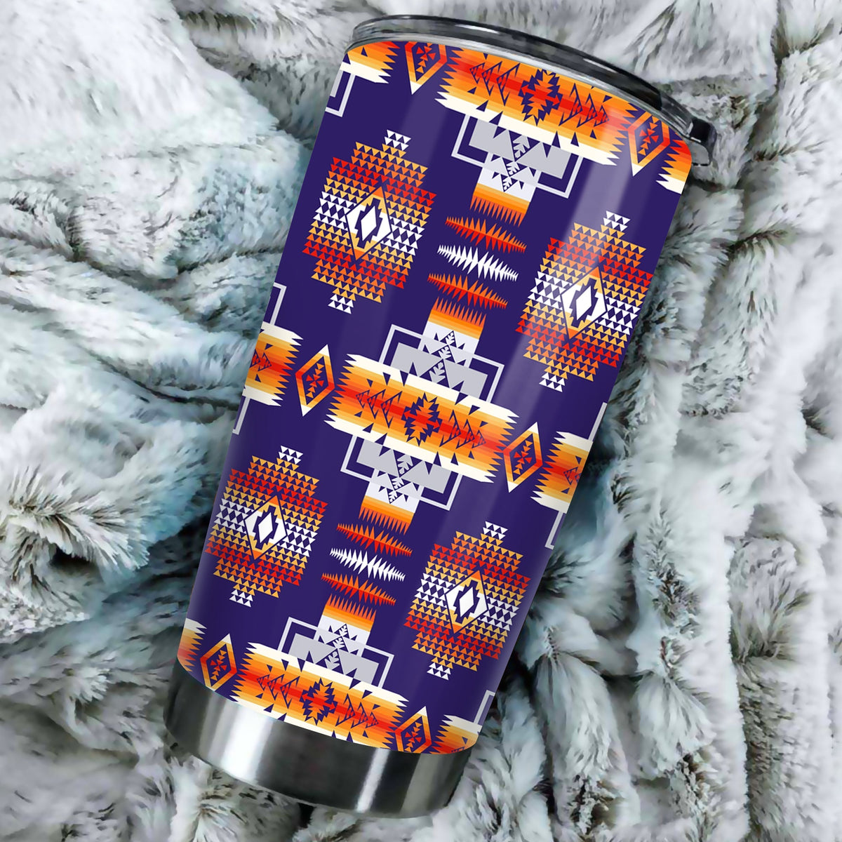Purple 20oz tumbler with colorful geometric Native-style pattern, stainless rim