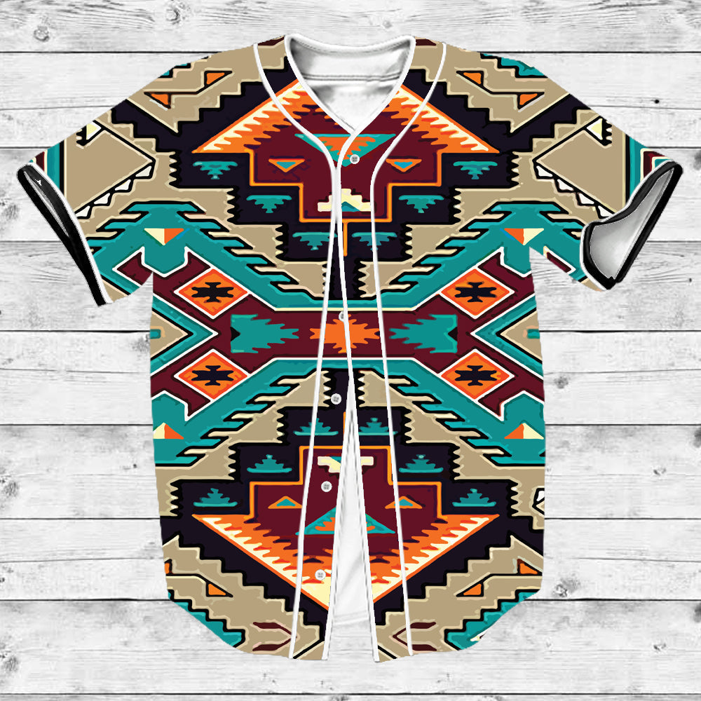 Multicolor tribal patterned baseball jersey with V-neck and button front, short sleeves