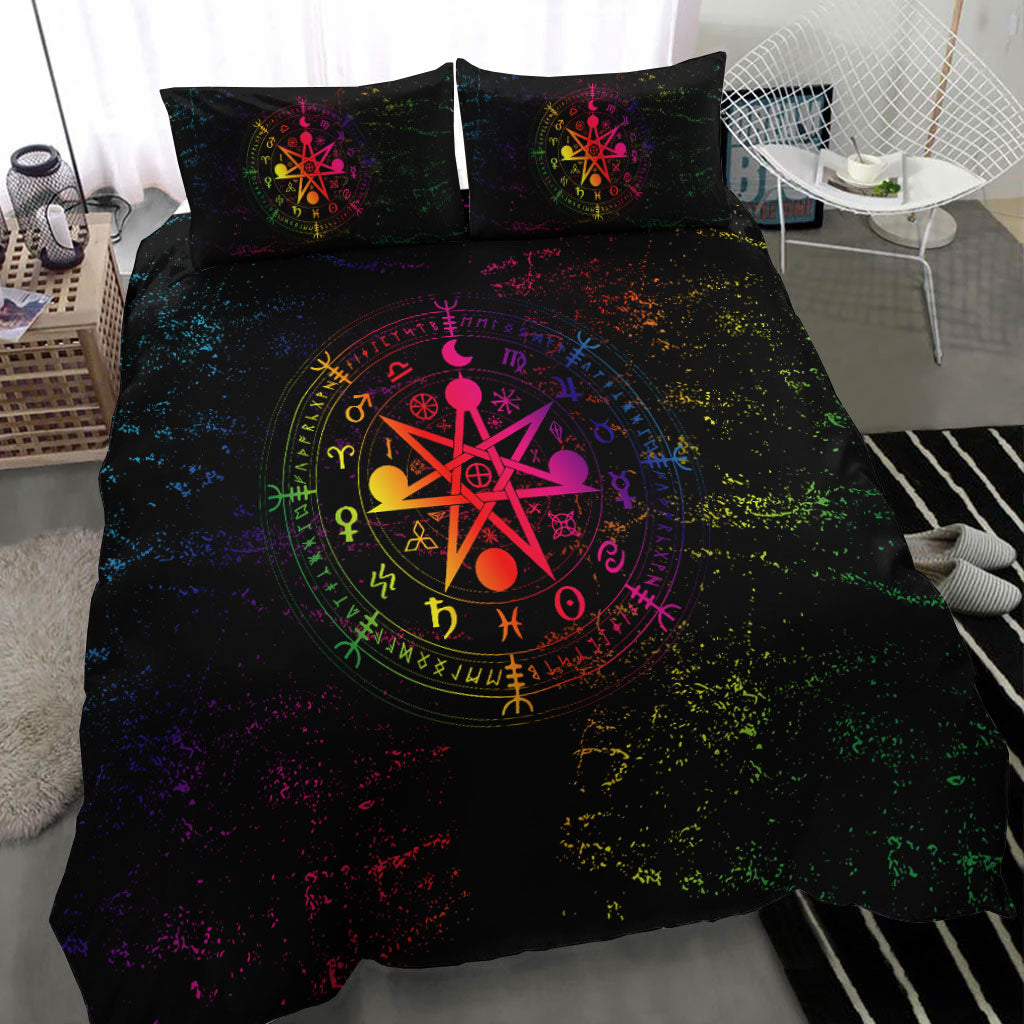 Black bedding set with multicolor speckled pentagram zodiac circle print on duvet and pillows