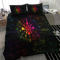 Black bedding set with multicolor speckled pentagram zodiac circle print on duvet and pillows