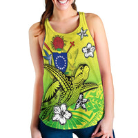 Back view women’s racerback tank, lime green with turtle, flowers and star motif print