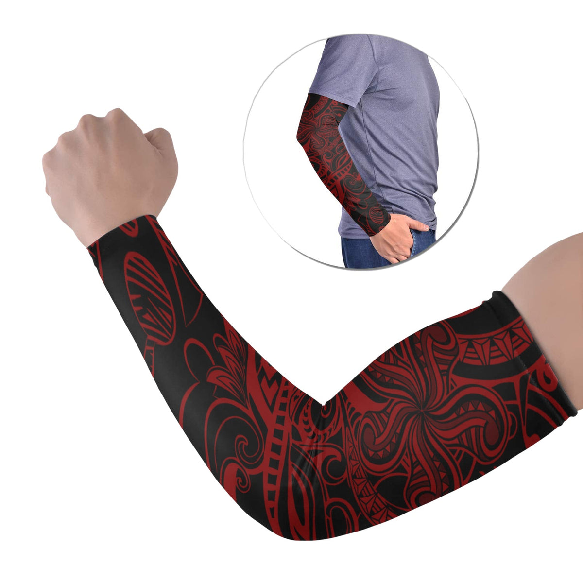 Set of two black Polynesian tattoo arm sleeves with red tribal patterns